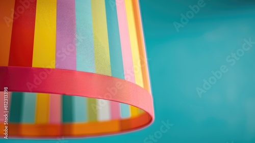 Colorful lampshade with vibrant stripes against teal background photo