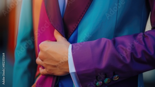 Close-up of person in vibrant multicolored suit with hand on chest