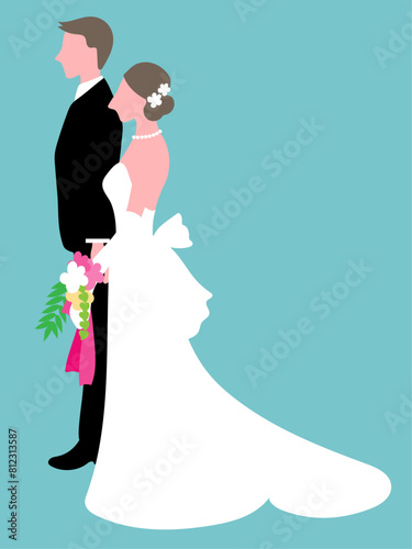 横から見た花婿とブーケを持っている花嫁のベクターイラストレーション