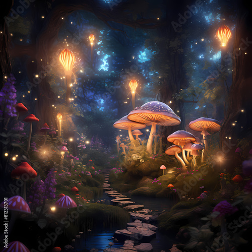 Enchanted forest with glowing flora and fauna