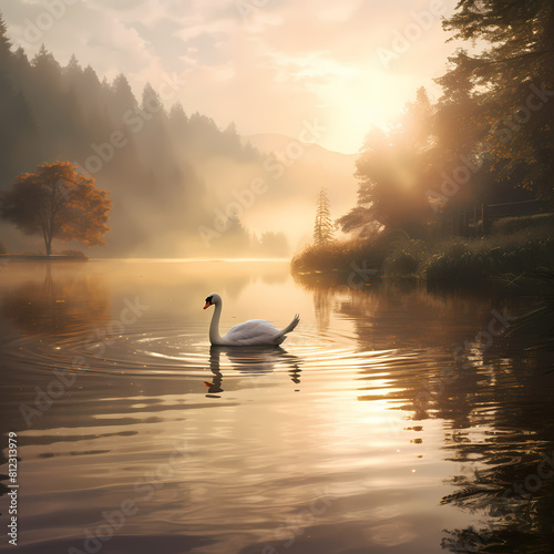 Peaceful lake with swans swimming.