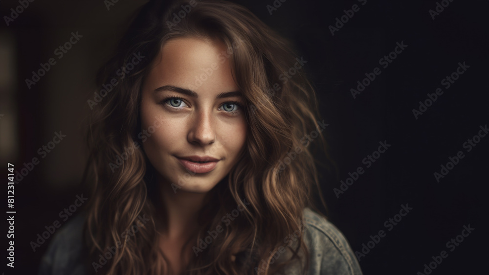 A candid image of a beautiful young woman in her twenties with long brown wavy hair. The hint of a coy smile on her face. She is wearing a denim jacket. Dark background. Copy space. A candid image of a beautiful young woman in her twenties with long brown wavy hair. The hint of a coy smile on her face. She is wearing a denim jacket. Dark background. Copy space.