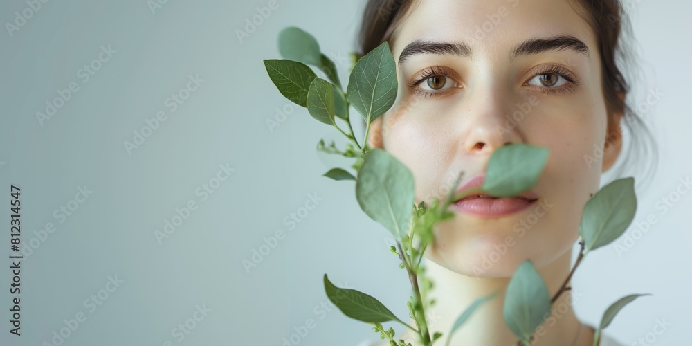 Close-up of a woman with a serene expression holding green foliage partially covering her face A concept of natural beauty Close-up of a woman with a serene expression holding green foliage partially covering her face A concept of natural beauty