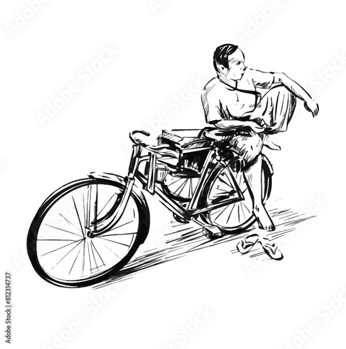 Drawing of a rickshaw driver on the street in Myanmar