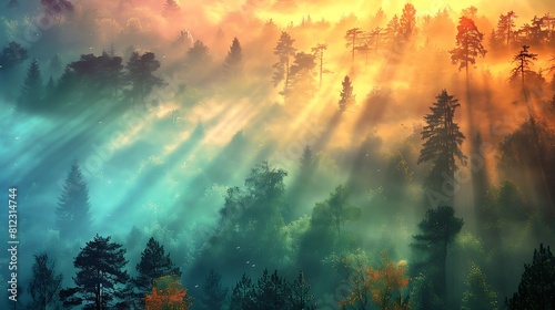 A picturesque view of a colorful sunrise over a misty forest with rays of light filtering through the trees.