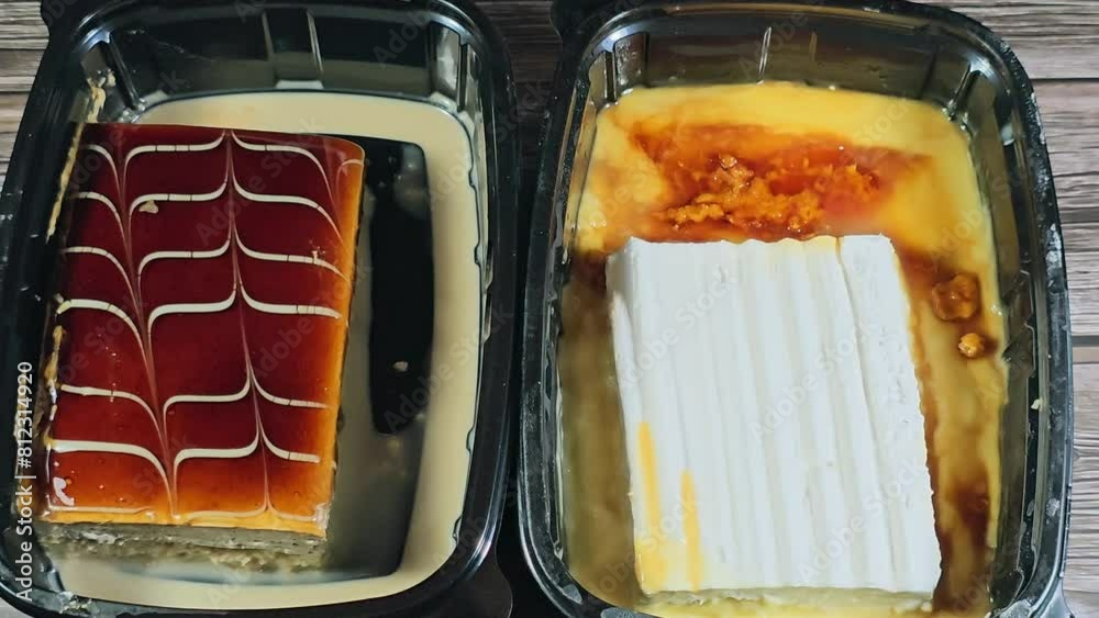 A Mixture of a tres leches cake, pan tres leches, a sponge cake soaked in three kinds of milk covered with whipped cream and Brulee Trinity burnt cream, with whipped cream, and creme caramel