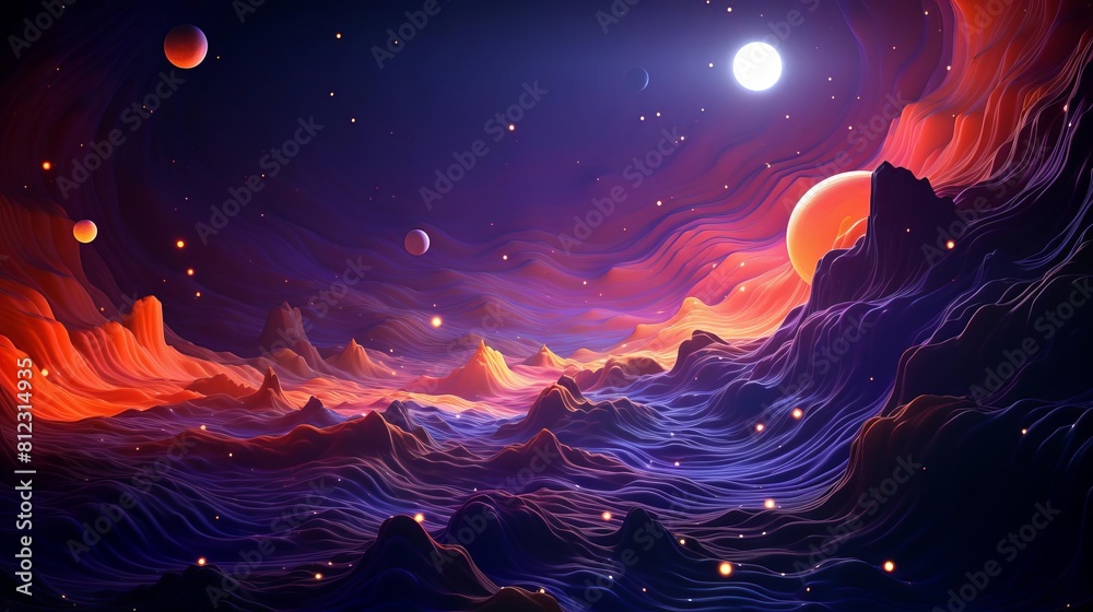 An alien landscape with a starry sky and a glowing moon. The ground is covered in strange plants and the air is filled with the sound of alien birds.