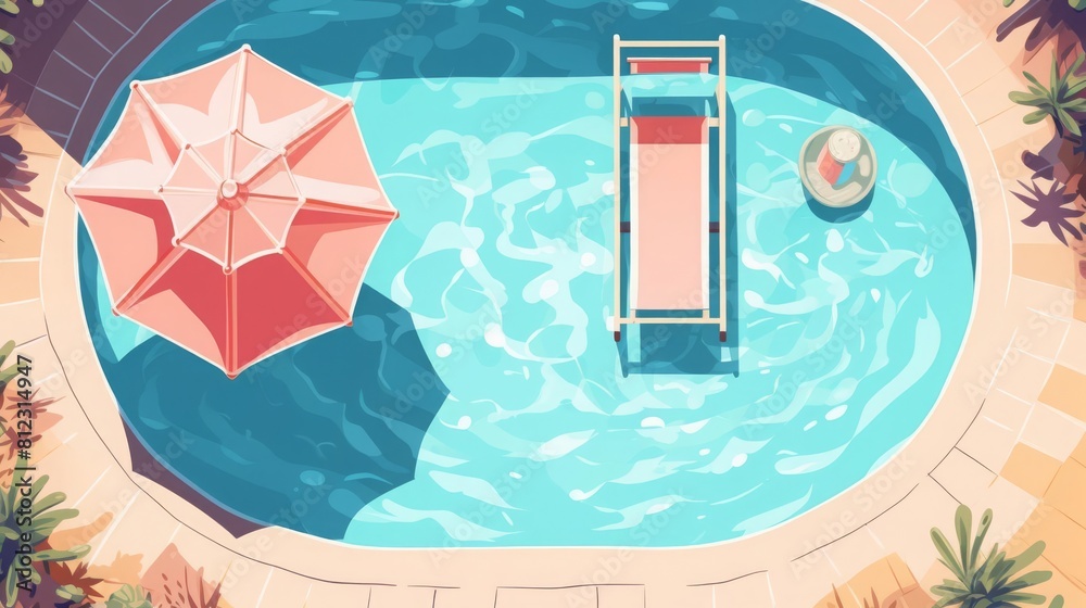 An overhead view of a swimming pool with a pink umbrella, a pink float ...