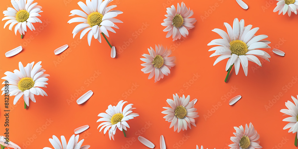 flat lay of white daisies on orange background, generative AI flat lay of white daisies on orange background, generative AI