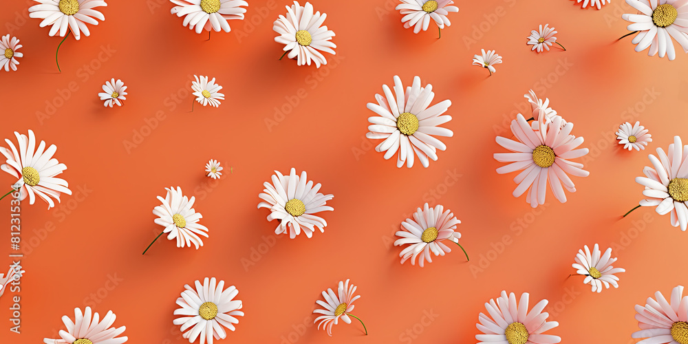 flat lay of white daisies on orange background, generative AI flat lay of white daisies on orange background, generative AI