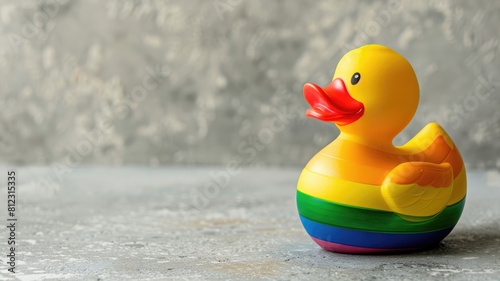 Rainbow-colored rubber duck on textured surface