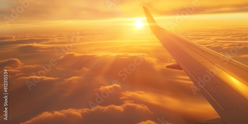 An identical majestic view to the first, capturing the sun setting over a sea of clouds from the window of an aircraft photo