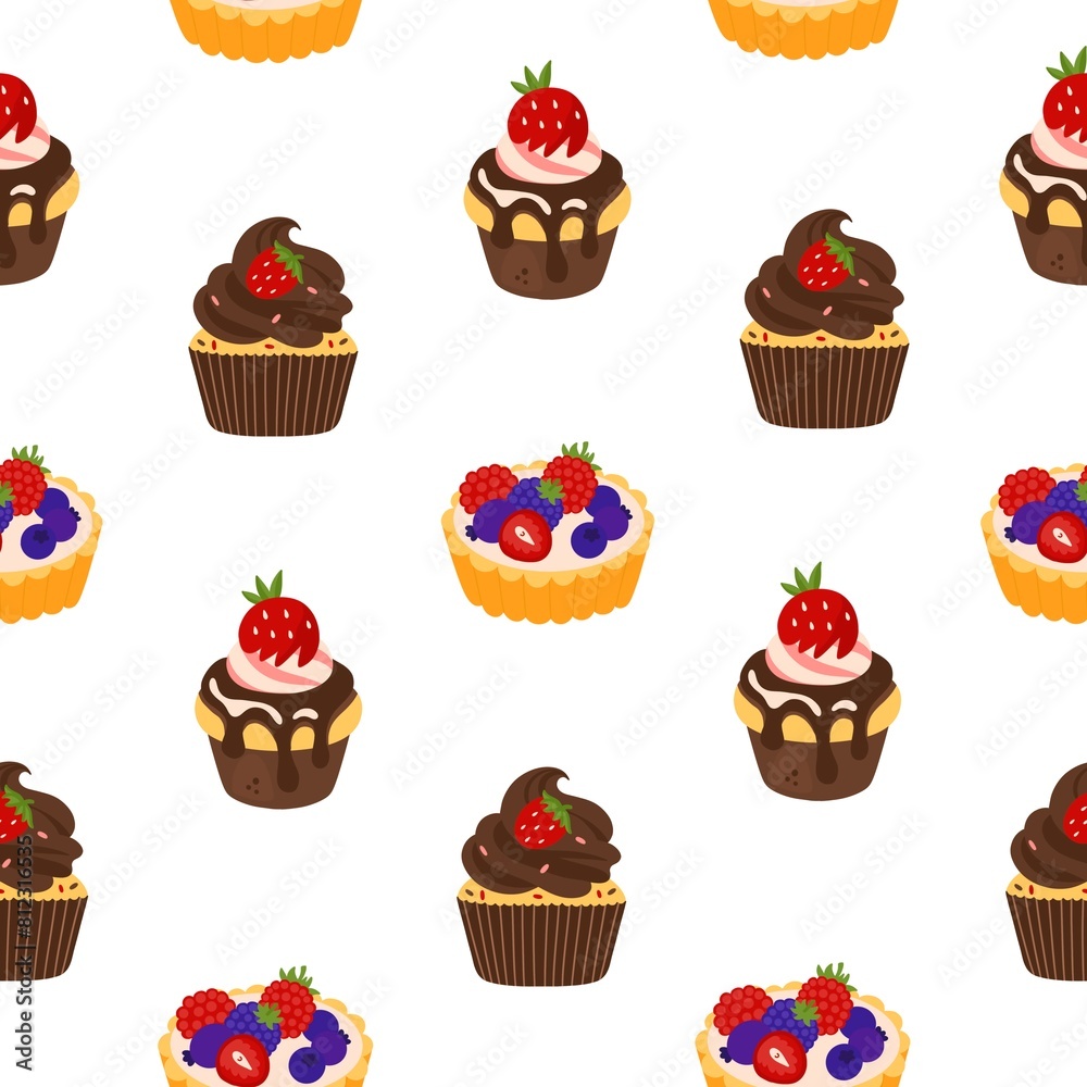 Vector seamless pattern with vanilla and cupcakes, cupcakes with chocolate, cherry, strawberry, cream, pink cream frosting in cartoon style Vector seamless pattern with vanilla and cupcakes, cupcakes with chocolate, cherry, strawberry, cream, pink cream frosting in cartoon style