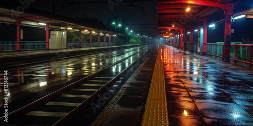 Gleaming wet surfaces reflect the station s lights in this moody image of an empty train station at night