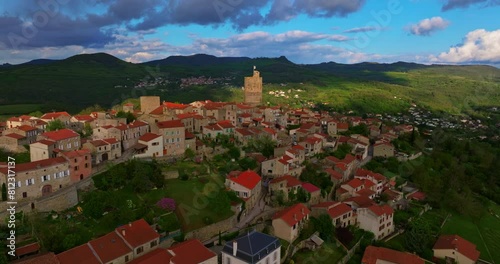 Aerial above the old town of Montpeyroux in France at sunset photo