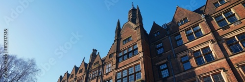 The gothic architecture of a historic university building stands proud under a clear blue sky photo