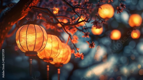 Lanterns hanging on tree glowing