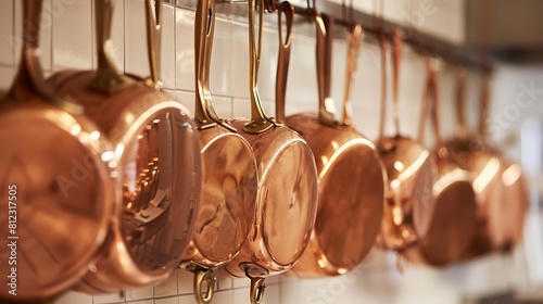 A set of polished copper pots hanging against a white backdrop, adding warmth to the kitchen. photo