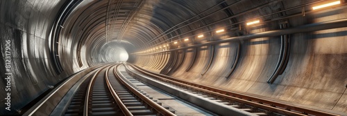 Inside view of a well-lit modern tunnel with parallel railway tracks leading to the light