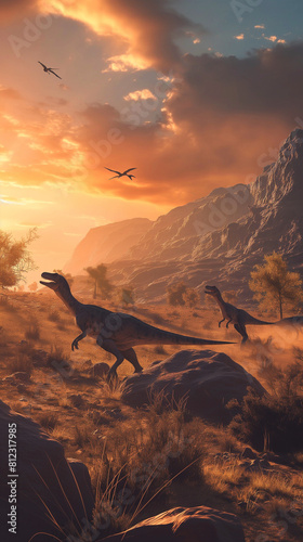 Velociraptors hunting in a late Mesozoic desert