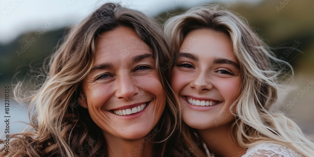 A portrait of two women, likely mother and daughter, sharing a joyful moment with genuine smiles