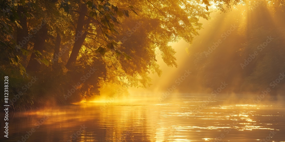 The sun's rays break through the trees, casting a golden glow over a calm river enveloped in morning mist The sun's rays break through the trees, casting a golden glow over a calm river enveloped in morning mist
