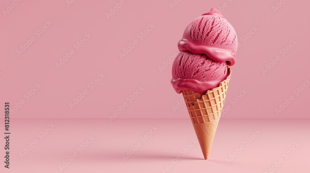 A pink ice cream cone sits on a pink background, creating a summery and colorful scene with plenty of copy space A pink ice cream cone sits on a pink background, creating a summery and colorful scene with plenty of copy space
