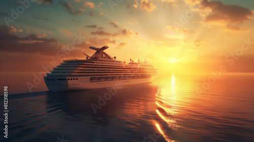 Luxury cruise ship sailing to port on sunrise photo