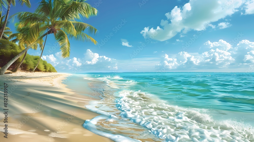 A tranquil coastal scene with sandy beaches and palm trees swaying in the breeze, perfect for a tropical nature background.