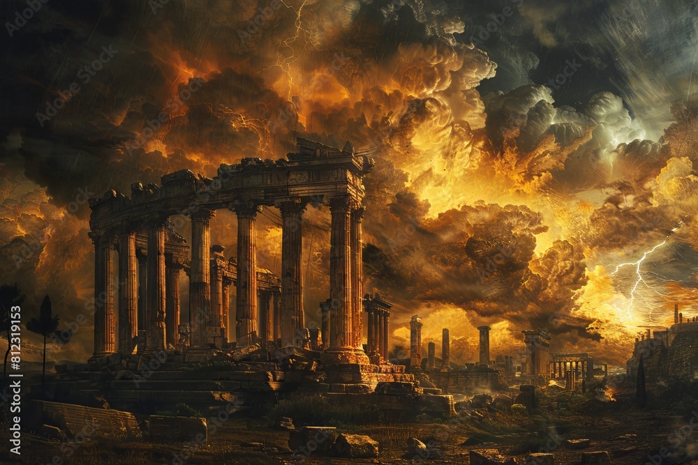 Fototapeta premium A painting of a ruined city with a storm in the background