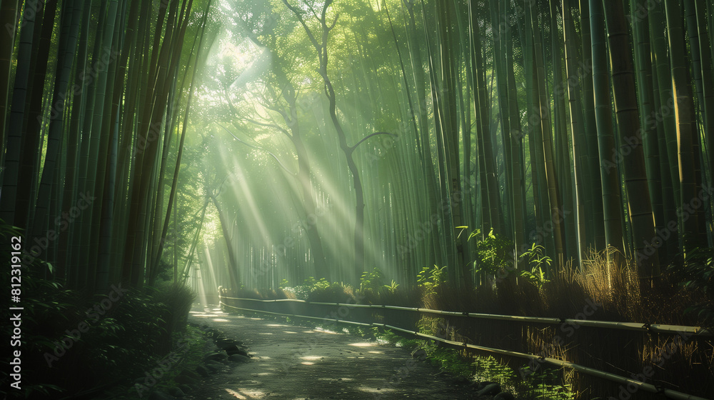 Obraz premium tranquil, bamboo forest with sunlight filtering through the dense green canopy, casting a soothing light on the winding paths