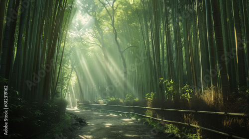  tranquil  bamboo forest with sunlight filtering through the dense green canopy  casting a soothing light on the winding paths