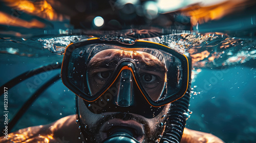 Man Wearing Scuba Diving Mask Exploring Marine Life photo
