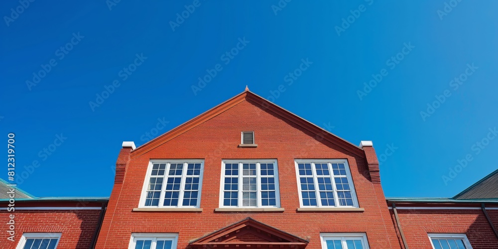 A striking red brick building stands tall under a clear blue sky, its architectural features sharply contrasting the blue backdrop