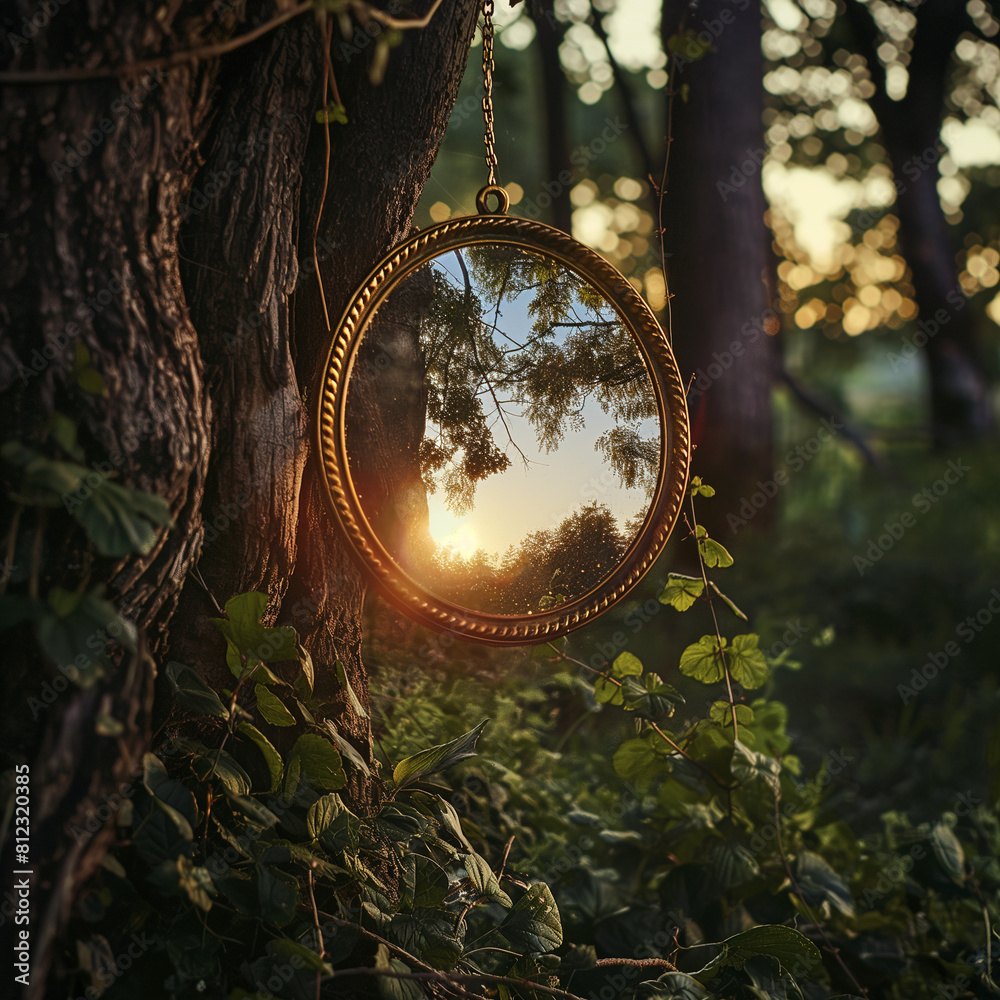 Obraz premium Golden Circular Mirror in Forest sunrise
