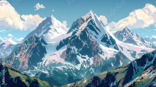 Mountains With Snow Covered Peaks In Fantasy Illustration