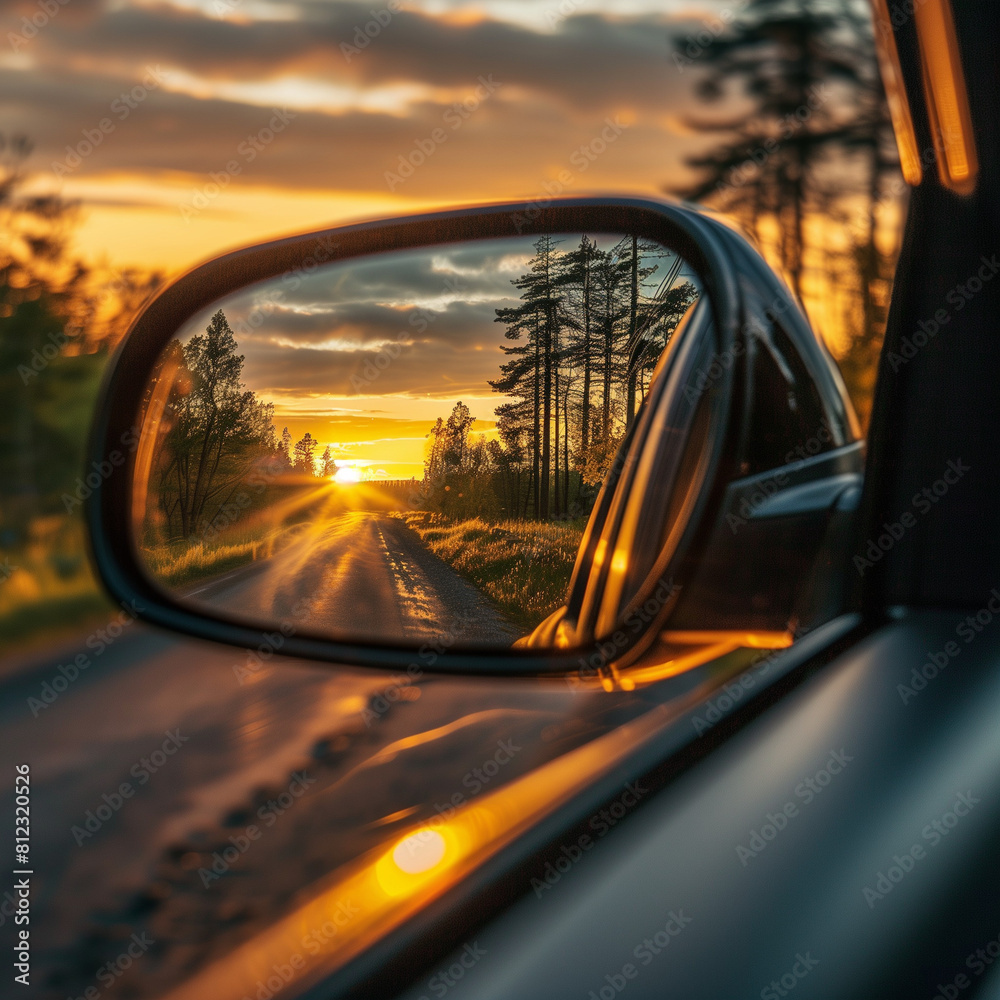 a scene of side mirror reflecting the rear side of the car a scene of side mirror reflecting the rear side of the car