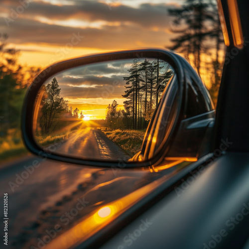 a scene of side mirror reflecting the rear side of the car