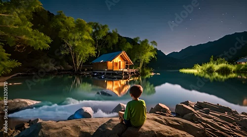 Serene Child Resting by a Tranquil Night Lake