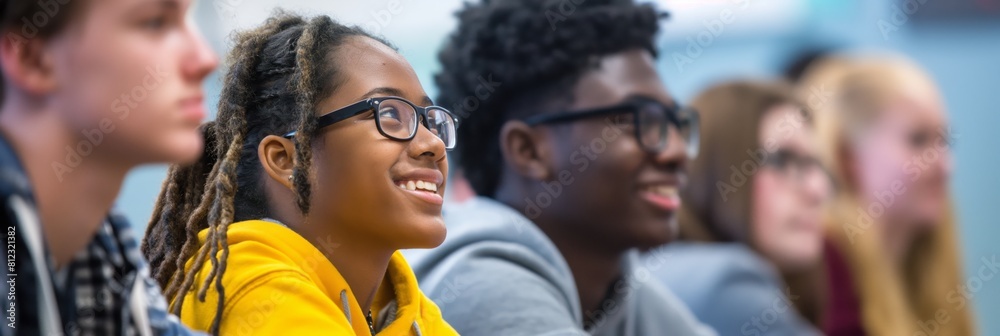 This image shows a group of students from behind engaged in a classroom setting, focusing on education and learning This image shows a group of students from behind engaged in a classroom setting, focusing on education and learning