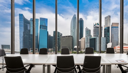 Workplaces in a modern panoramic office, Singapore city view from the windows. Open space. White tables and black leather chairs. A concept of financial consulting services. 3D rendering