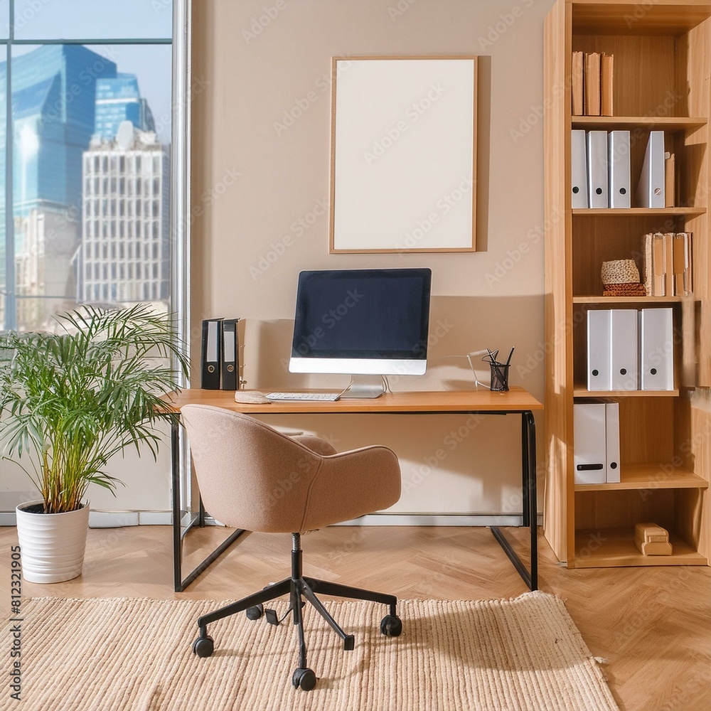 Stylish office interior with workplace, pc computer and window. Mock up wall Stylish office interior with workplace, pc computer and window. Mock up wall