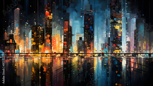 A vibrant and abstract depiction of a bustling city skyline at night painting