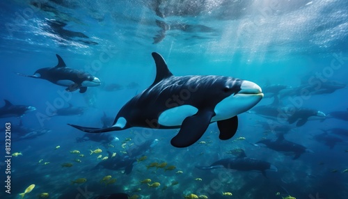 The Orcinus Orca in the ocean  portrait of Orca hunting prey in the underwater