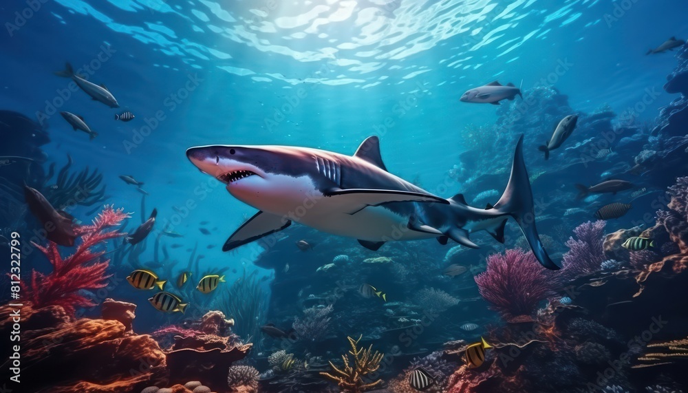 The Orcinus Orca in the ocean, portrait of Orca hunting prey in the underwater The Orcinus Orca in the ocean, portrait of Orca hunting prey in the underwater