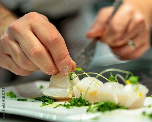 Chef crafting flounder amuse-bouche for a fashion show stylish and delicate photo