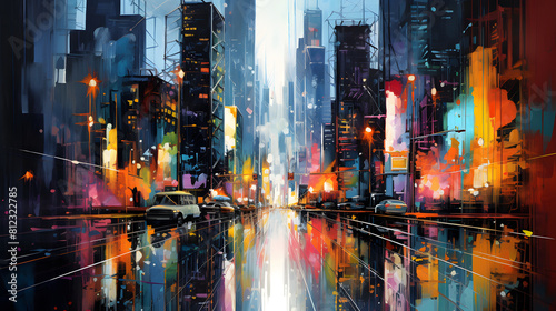 A vibrant and abstract depiction of a bustling city skyline at night painting