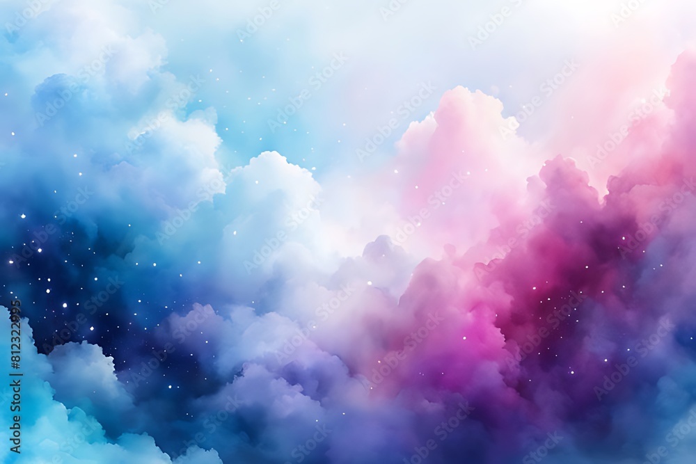 Watercolor sky with clouds and stars, dreamy, soft blue purple and pink color background , banner Watercolor sky with clouds and stars, dreamy, soft blue purple and pink color background , banner