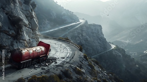 A red tanker truck is on a mountain road, and it has crashed into a ditch photo