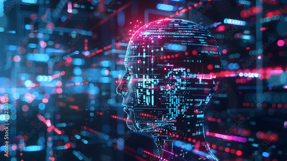 Big data and artificial intelligence concept. Machine learning and cyber mind domination concept in form of women face on dark blue technology background, 3d illustration Big data and artificial intelligence concept. Machine learning and cyber mind domination concept in form of women face on dark blue technology background, 3d illustration